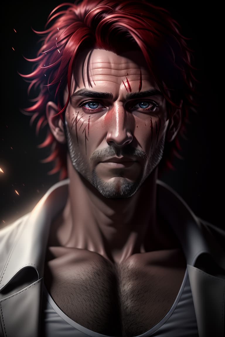  ((((masterpiece)))), best quality, very high resolution, ultra detailed, in frame, man, 30s, red hair, white shirt, black coat, scar on left eye, rugged look, mature, confident, stylish, masculine, scarred, sophisticated, intense gaze, fashion forward, well groomed, dashing, charismatic, strong features, distinguished, light, well lighted, unedited DSLR photography, sharp focus, Unreal Engine 5, Octane Render, Redshift, ((cinematic lighting)), f/1.4, ISO 200, 1/160s, 8K, RAW, unedited, in frame