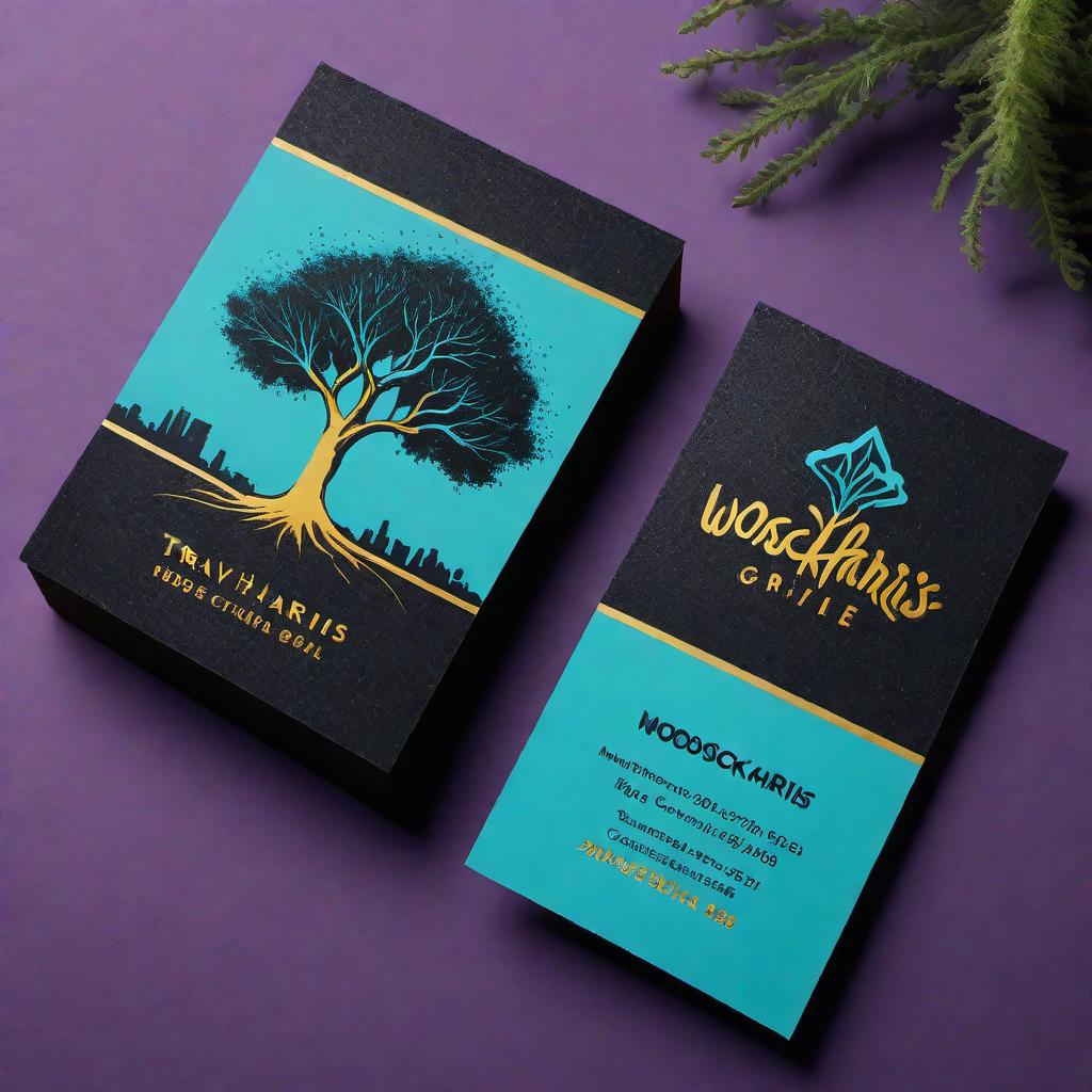  A graffiti-style business card for 'Travis Harris'. The text appears as though it was spray-painted on the side of a train, featuring a bold and vibrant color palette with midnight purple, neon turquoise, and gold. The company name 'Woodstock Tree & Gravel' is prominently displayed. Visual elements include the tree of life and a bucket truck. The details on the card should include: Name 'Travis Harris', Address '16 Quail Ridge RD, Ponca City, OK, 74604', and Phone number '1(580)826-8097'. The overall style should be urban, vibrant, artistic, and eye-catching. hyperrealistic, full body, detailed clothing, highly detailed, cinematic lighting, stunningly beautiful, intricate, sharp focus, f/1. 8, 85mm, (centered image composition), (professionally color graded), ((bright soft diffused light)), volumetric fog, trending on instagram, trending on tumblr, HDR 4K, 8K