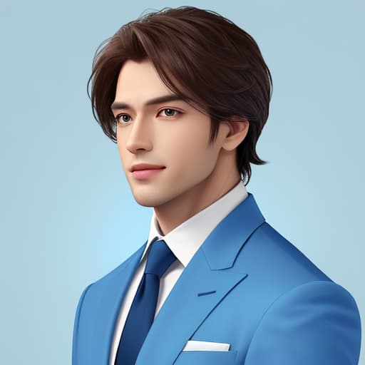  Generates a handsome, stylish business standing male figure with a light blue background fill,