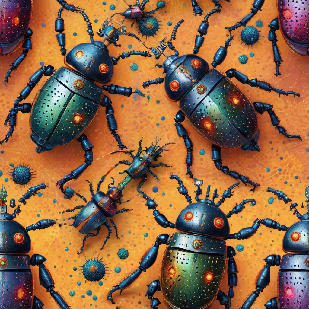  pointillism style Two frightening battle robot beetles face off. . composed entirely of small, distinct dots of color, vibrant, highly detailed