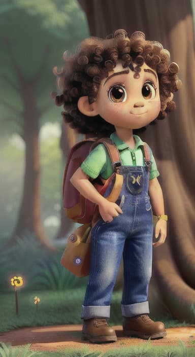  {The tree with a twinkling eye, while its leaves gently rustle., Riley, a curious with big brown eyes and curly hair, wearing overalls and carrying a small backpack. Their friend, Skye, a bluebird with shiny feathers.