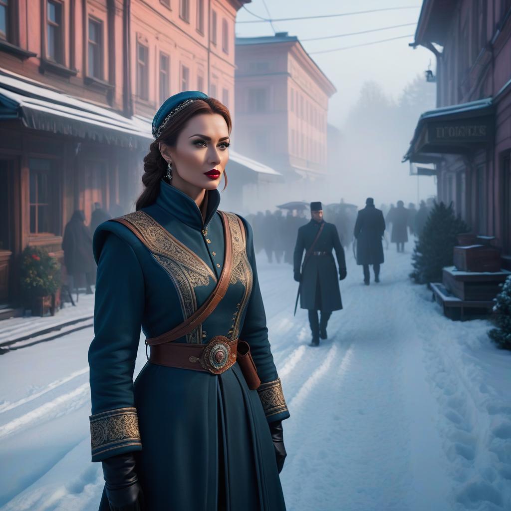  Tomsk empire rises hyperrealistic, full body, detailed clothing, highly detailed, cinematic lighting, stunningly beautiful, intricate, sharp focus, f/1. 8, 85mm, (centered image composition), (professionally color graded), ((bright soft diffused light)), volumetric fog, trending on instagram, trending on tumblr, HDR 4K, 8K