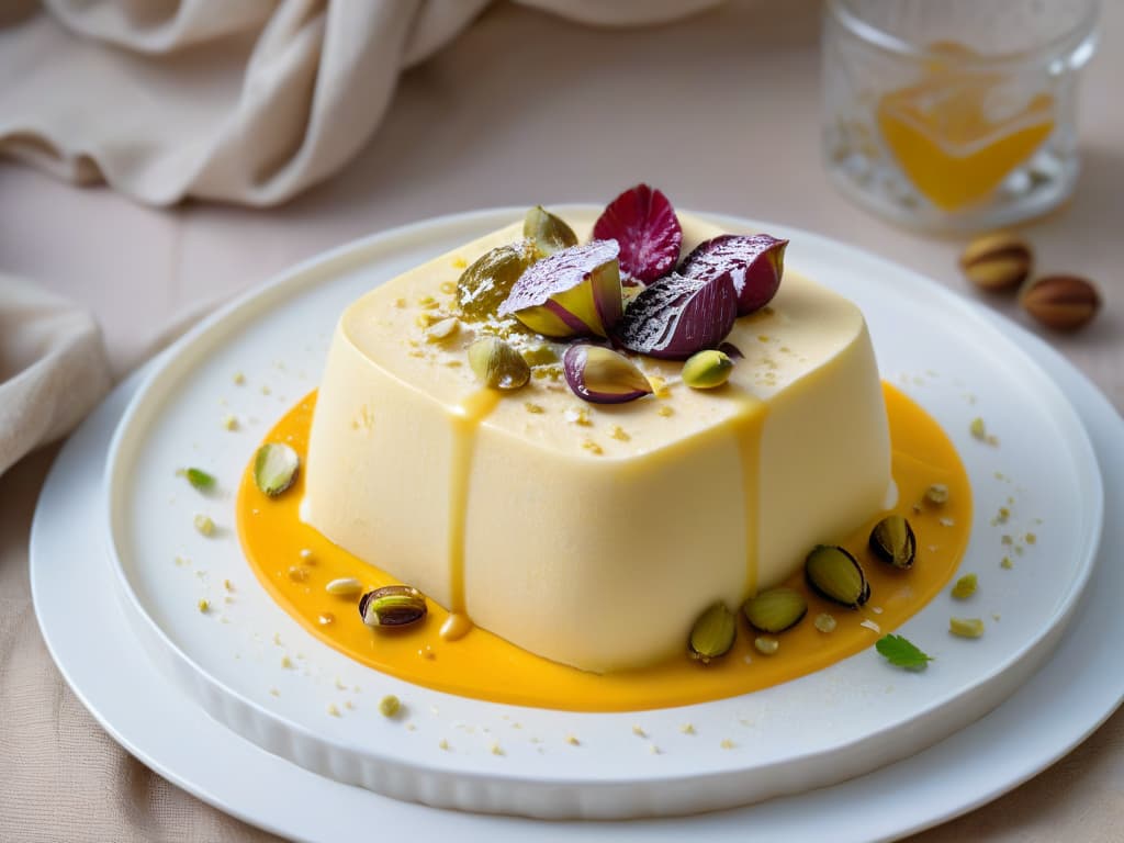  A closeup, ultradetailed image of a scoop of creamy homemade Kulfi garnished with saffron strands, crushed pistachios, and a drizzle of rose syrup, presented on a sleek, modern white plate. The Kulfi is perfectly textured, with visible specks of vanilla beans, and the toppings are meticulously arranged to create a visually appealing and appetizing composition. The lighting is soft, casting gentle shadows that enhance the texture and colors of the dessert, creating a luxurious and inviting visual experience for the reader. hyperrealistic, full body, detailed clothing, highly detailed, cinematic lighting, stunningly beautiful, intricate, sharp focus, f/1. 8, 85mm, (centered image composition), (professionally color graded), ((bright soft diffused light)), volumetric fog, trending on instagram, trending on tumblr, HDR 4K, 8K