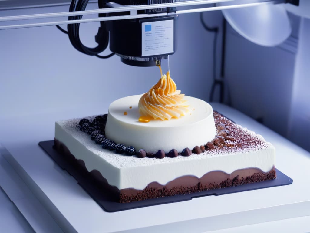  An ultradetailed 8k image of a sleek, modern 3D printer creating intricate and delicious dessert designs, set against a clean, white backdrop to emphasize the precision and sophistication of the technology. The desserts being printed should be visually stunning and intricate, showcasing the endless creative possibilities of 3D printing in the culinary world. hyperrealistic, full body, detailed clothing, highly detailed, cinematic lighting, stunningly beautiful, intricate, sharp focus, f/1. 8, 85mm, (centered image composition), (professionally color graded), ((bright soft diffused light)), volumetric fog, trending on instagram, trending on tumblr, HDR 4K, 8K