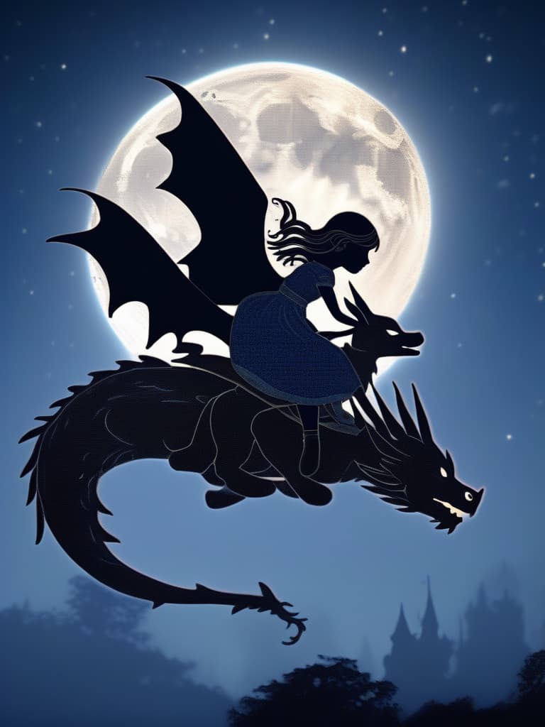  (((Shadow puppet))),(((full moon🌕))),A princess riding on a dragon's back,Flying Dragon,night sky,fairy tale, masterpiece, best quality,8k,ultra detailed,high resolution,an extremely delicate and beautiful,hyper detail