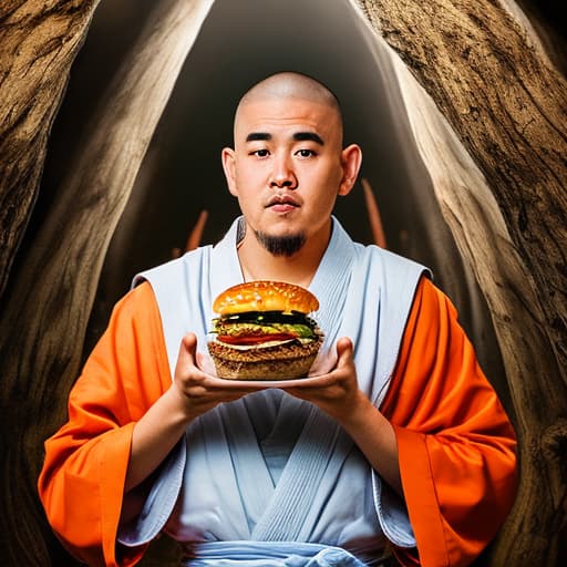 portrait+ style monje shaolin sentado en una piedra en medio del bosque, comiendo hamburguesa