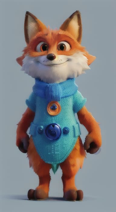  {Error the fox pressing the blue button with his paw, looking puzzled as nothing occurs., Error is a small, bright orange fox with a fluffy tail and big, inquisitive eyes. He has a mischievous yet kind expression and wears a tiny green scarf.