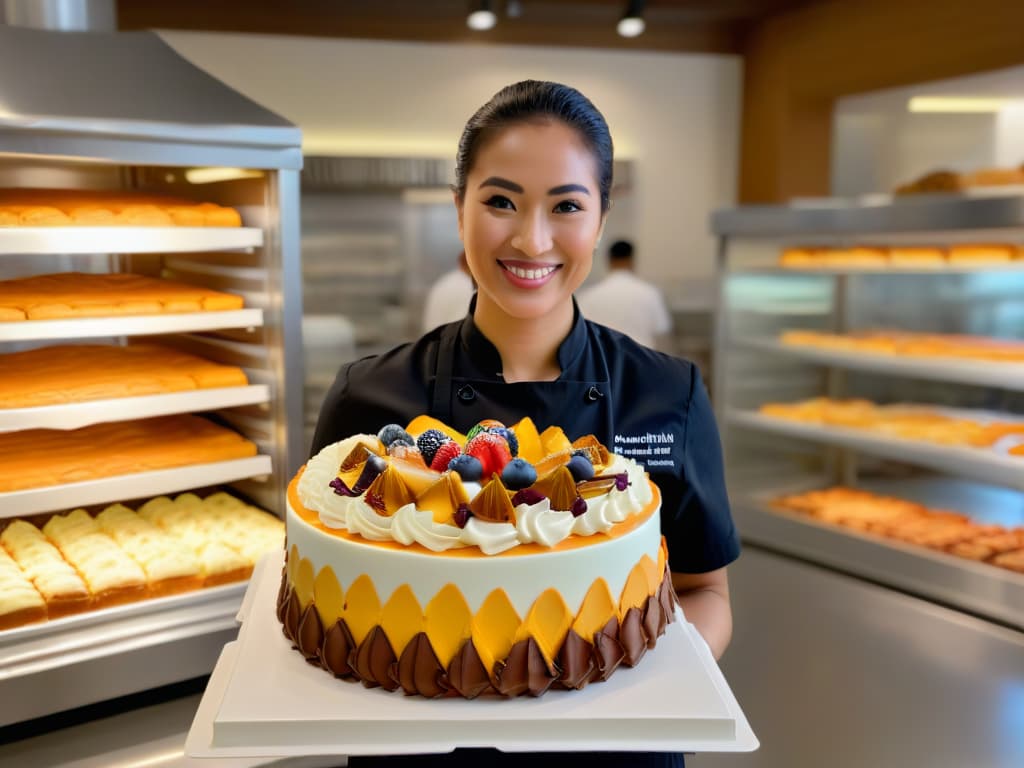  A minimalistic image of a smiling pastry chef holding a beautifully decorated cake, with a blurred background of a busy bakery showcasing various pastries and desserts. The focus is on the chef's expression of pride and artistry in their work, with soft, natural lighting highlighting the intricate details of the cake. hyperrealistic, full body, detailed clothing, highly detailed, cinematic lighting, stunningly beautiful, intricate, sharp focus, f/1. 8, 85mm, (centered image composition), (professionally color graded), ((bright soft diffused light)), volumetric fog, trending on instagram, trending on tumblr, HDR 4K, 8K