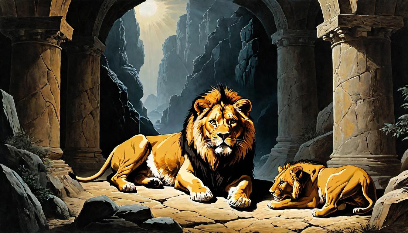  （surrealism)Daniel in a den, surrounded by lions, fierce expressions, teeth bared, shadows cast on walls, tension and peril, biblical mystic, intricate details, best quality)