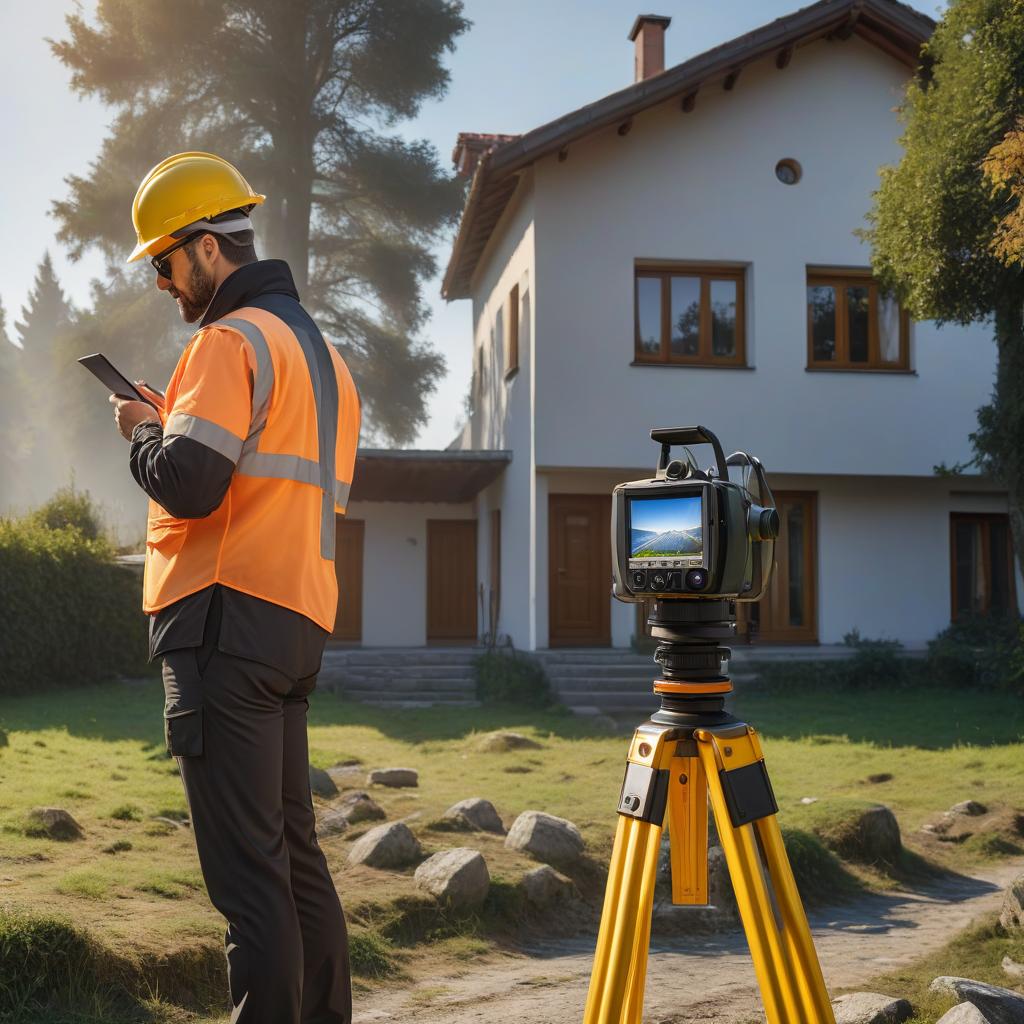  A cadastral engineer is conducting a geodetic survey next to the house on a sunny day. A form without logos. hyperrealistic, full body, detailed clothing, highly detailed, cinematic lighting, stunningly beautiful, intricate, sharp focus, f/1. 8, 85mm, (centered image composition), (professionally color graded), ((bright soft diffused light)), volumetric fog, trending on instagram, trending on tumblr, HDR 4K, 8K