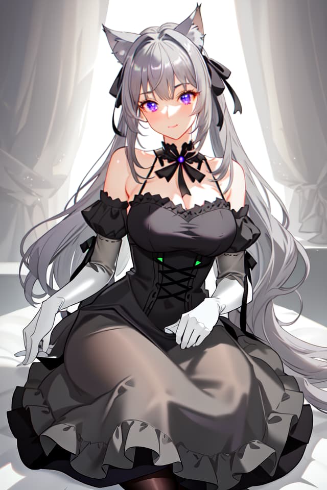  (Beautiful gray hair), cat ears, (large green ribbon on the hair), low ponytails, purple eyes, upper black, black knee length dresses, black tights, only upper body hyperrealistic, full body, detailed clothing, highly detailed, cinematic lighting, stunningly beautiful, intricate, sharp focus, f/1. 8, 85mm, (centered image composition), (professionally color graded), ((bright soft diffused light)), volumetric fog, trending on instagram, trending on tumblr, HDR 4K, 8K