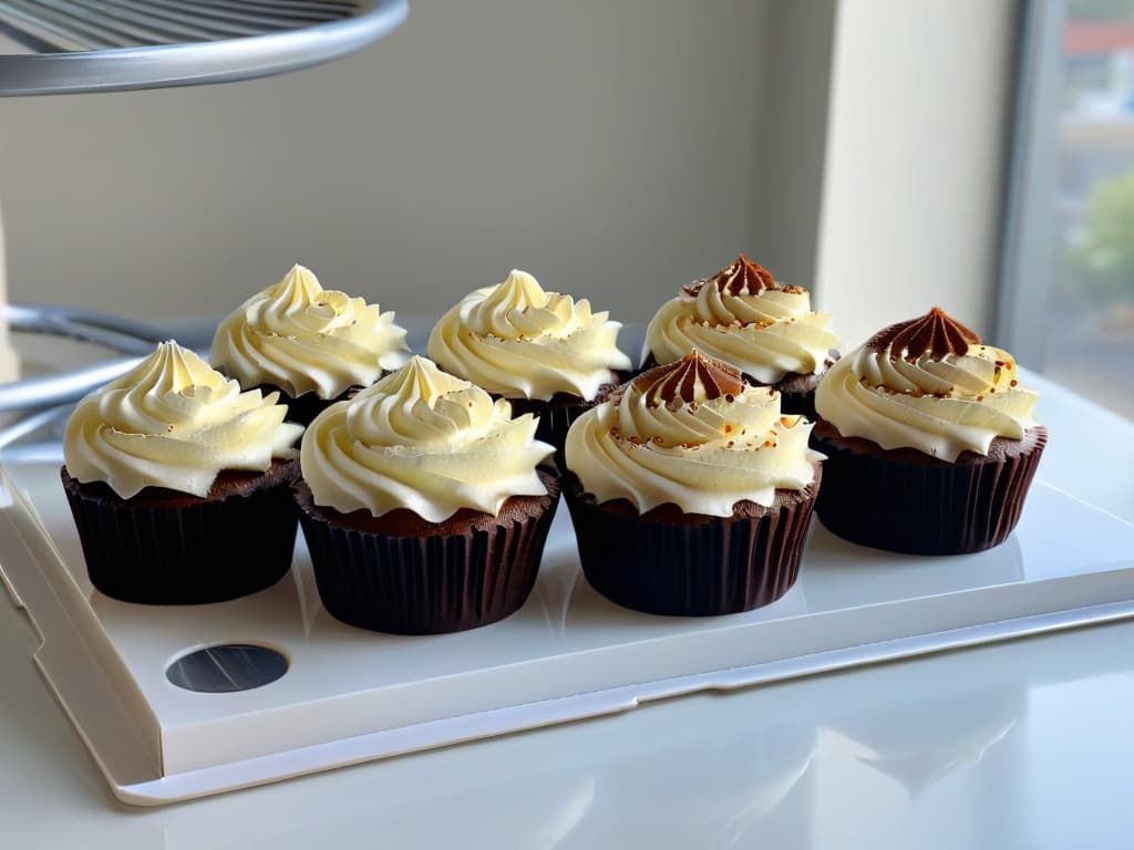  An image of a sleek, modern kitchen countertop with a row of perfectly shaped, freshly baked cupcakes displayed on a cooling rack. The cupcakes are half in traditional metal molds and half in vibrant silicone molds, showcasing the contrast between the two materials. The soft natural light filtering through a nearby window highlights the intricate details of the cupcakes, emphasizing the importance of the mold material in achieving a flawless bake. hyperrealistic, full body, detailed clothing, highly detailed, cinematic lighting, stunningly beautiful, intricate, sharp focus, f/1. 8, 85mm, (centered image composition), (professionally color graded), ((bright soft diffused light)), volumetric fog, trending on instagram, trending on tumblr, HDR 4K, 8K