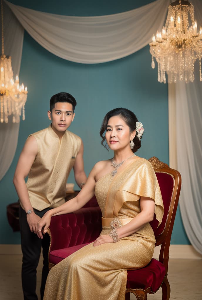  Tan skinned man A 50-year-old wearing a formal dress is posing for a photo behind a 45-year-old woman with a plump figure wearing an evening gown who is sitting on a luxurious chair. Vintage oil painting background, 1boy,1girl, sabai,jewelry,thailand tradition dress ADVERTISING PHOTO,high quality, good proportion, masterpiece , The image is captured with an 8k camera and edited using the latest digital tools to produce a flawless final result.