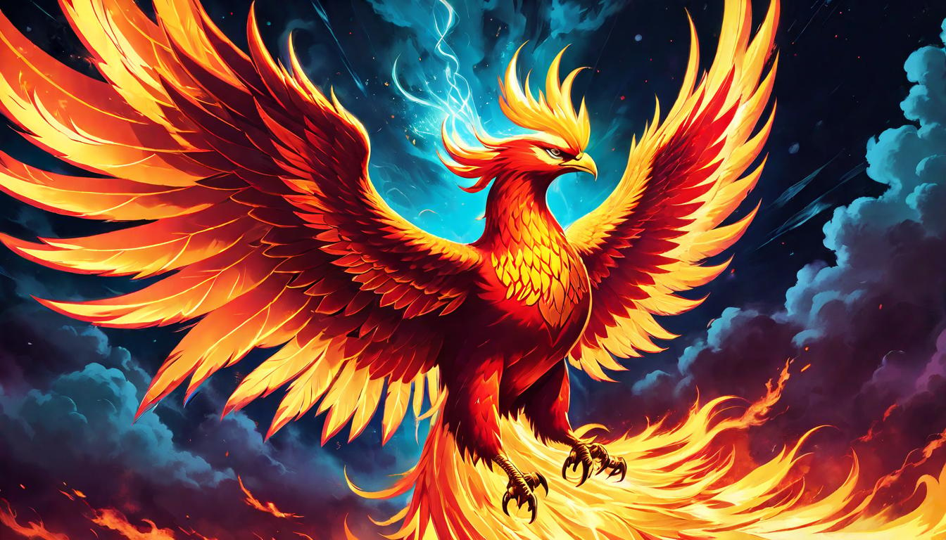  retro futuristic Phoenix rising from ashes against a dark sky, symbol of renewal, fiery resilience, transformative liberation, aligning with destiny lvintage sci fi, 50s and 60s style, atomic age, vibrant, highly detailed