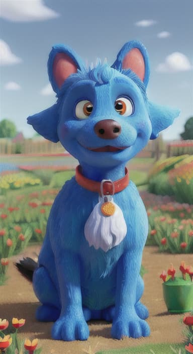  {The red ball nestled in a bed of colorful flowers like daisies and tulips, The big blue dog is large with sky blue fur, big round eyes, a black nose, and floppy ears.