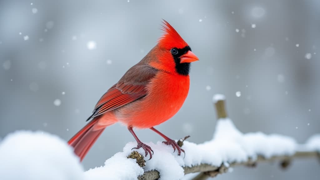  good quality, high quality, a red cardinal perched on a snowy branch, its feathers standing out against the wintry background.