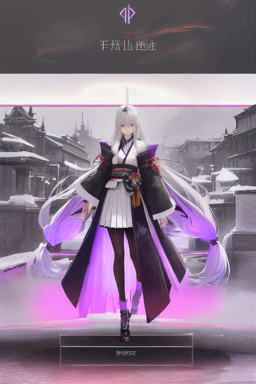  White hair, purple eyes, kimono, big, girls, small, long hair, ephemeral, beautiful, smiles, swords, snow hyperrealistic, full body, detailed clothing, highly detailed, cinematic lighting, stunningly beautiful, intricate, sharp focus, f/1. 8, 85mm, (centered image composition), (professionally color graded), ((bright soft diffused light)), volumetric fog, trending on instagram, trending on tumblr, HDR 4K, 8K