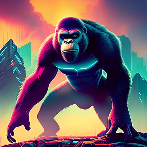 nvinkpunk cartoon bioluminescent King Kong hyperrealistic, full body, detailed clothing, highly detailed, cinematic lighting, stunningly beautiful, intricate, sharp focus, f/1. 8, 85mm, (centered image composition), (professionally color graded), ((bright soft diffused light)), volumetric fog, trending on instagram, trending on tumblr, HDR 4K, 8K