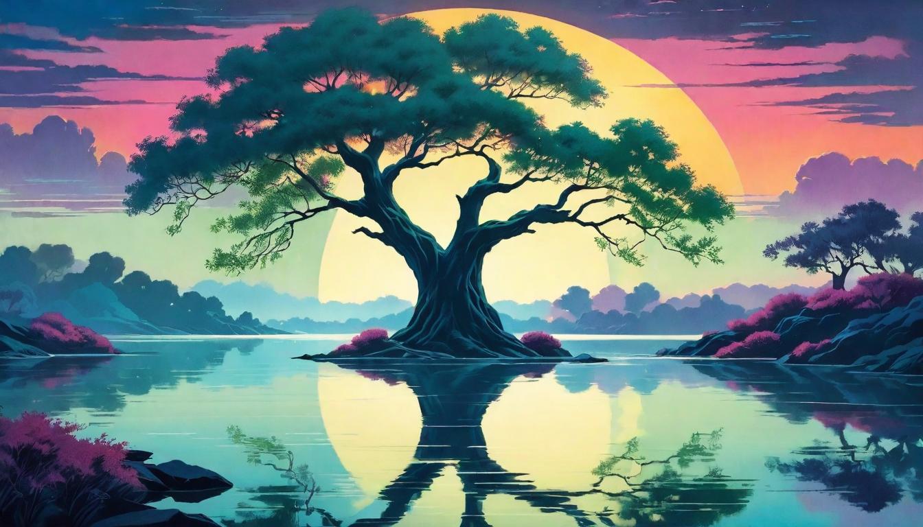  retro futuristic Whispering willow tree beside a serene lake, mirror like reflection, dusk settling softly over the water. Mood: tranquil, mysterious, unseen yet felt. lvintage sci fi, 50s and 60s style, atomic age, vibrant, highly detailed