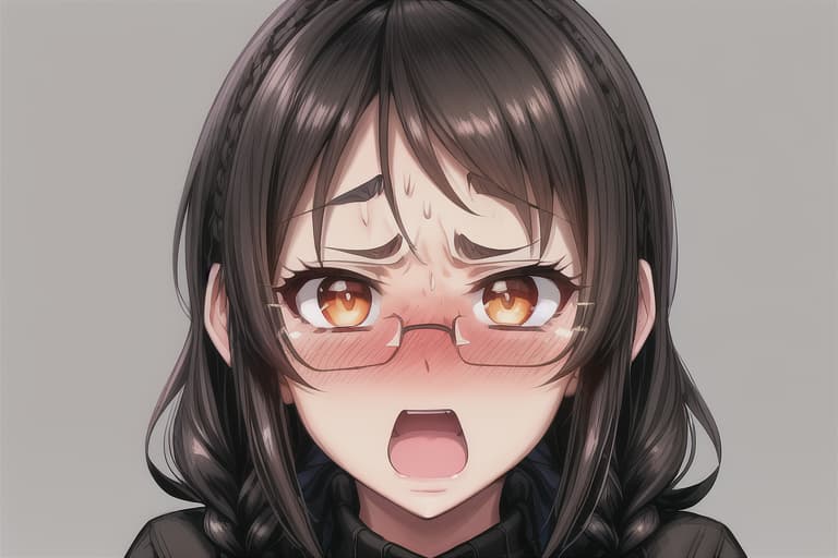  (((SFW))), detailed illustration of a woman, ((((flustered)))), ((yelling at viewer)), ((((nose blush)))), ((comical)), ((((funny)))), ((face closeup)), ((masterpiece)), highres, absurdres, ultra detailed, HD, 8K, wallpaper, ((jet black hair)), (((double braided hairstyle))), ((brown eyes)), ((perfect eyes)), prominent pupils, detailed eyes, detailed nose, detailed mouth, detailed hair, (((simple background))), (((rectangular glasses with black frame))), (large breasts), ((brown sweater)), embarassed expression, expressive eyes, ((perfect eyes)), (nice hands), simple background, (fine detail), prominent outline, sharp nose, (perfect eyes), expressive eyes, shiny lens, ((HD))
