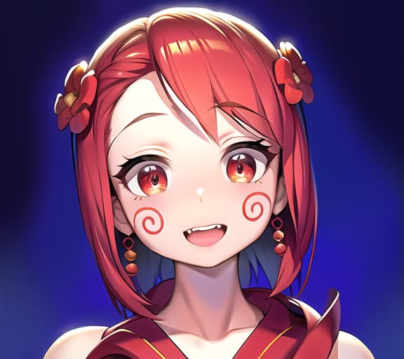  Swirled cheeks, red short hair, flower hair ornaments, large red ribbon hair ornaments, dentures like Kiba, big eyes, energy, cute, pop clothes, (Masterpiece, BestQuality:1.3), (ultra detailed:1.2), (hyperrealistic:1.3), (RAW photo:1.2),High detail RAW color photo, professional photograph, (Photorealistic:1.4), (realistic:1.4), ,professional lighting, (japanese), beautiful face, (realistic face)