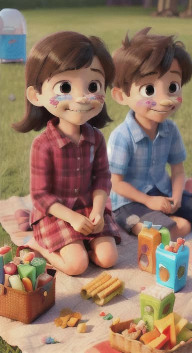  {Kids sitting around a picnic blanket, enjoying juice boxes and snacks., Children happily eating snacks, with crumbs on their faces and big smiles.