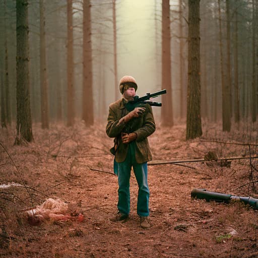 analog style A man in plain clothes holding a rifle, covered in blood, standing among dead robots in the middle of a woodland.