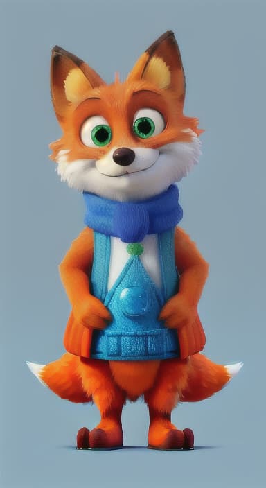  {Error the fox pressing the blue button with his paw, looking puzzled as nothing occurs., Error is a small, bright orange fox with a fluffy tail and big, inquisitive eyes. He has a mischievous yet kind expression and wears a tiny green scarf.