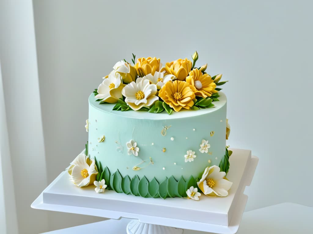  A closeup, ultradetailed image of a perfectly frosted and meticulously decorated multitiered cake, showcasing intricate piping work, delicate sugar flowers, and shimmering edible gold accents. The cake sits on a sleek, modern cake stand against a clean, white backdrop, exuding elegance and sophistication. hyperrealistic, full body, detailed clothing, highly detailed, cinematic lighting, stunningly beautiful, intricate, sharp focus, f/1. 8, 85mm, (centered image composition), (professionally color graded), ((bright soft diffused light)), volumetric fog, trending on instagram, trending on tumblr, HDR 4K, 8K