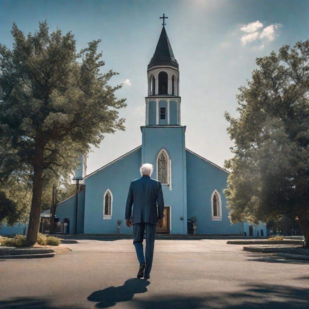  Elderly man with grey hair, clean shaven, blue shirt and black slacks in the parking lot of a church, man is walking toward the church with his back to the camera. View is from the parking lot hyperrealistic, full body, detailed clothing, highly detailed, cinematic lighting, stunningly beautiful, intricate, sharp focus, f/1. 8, 85mm, (centered image composition), (professionally color graded), ((bright soft diffused light)), volumetric fog, trending on instagram, trending on tumblr, HDR 4K, 8K