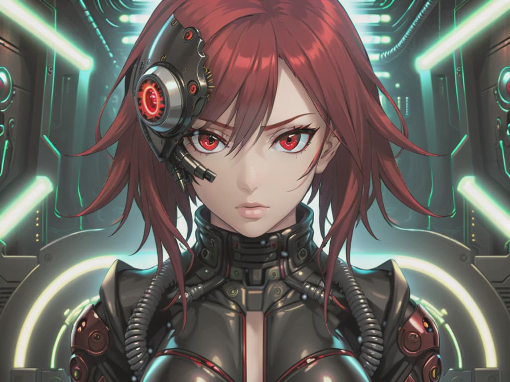  biomechanical cyberpunk Beautiful eyes, beautiful hands, Girl with red hair, Special agent in a black leather suit. . cybernetics, human-machine fusion, dystopian, organic meets artificial, dark, intricate, highly detailed
