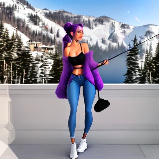  A female with (long, rich vivid purple hair in a side ponytail:1.3), characterized by ((large:1.3) bright vivid violet eyes:1.3), wearing a (detailed, knitted, fuzzy, off shoulder purple sweater:1.4) that (accentuates her curves:1.4) and (showcases age and midriff:1.5), paired with (detailed, purple, long, tight skinny jeans:1.5) that (accentuate her curves:1.3). She is seated in a comfortable armchair on a balcony, overlooking a luxurious ski resort through a gl wall in a front view shot hyperrealistic, full body, detailed clothing, highly detailed, cinematic lighting, stunningly beautiful, intricate, sharp focus, f/1. 8, 85mm, (centered image composition), (professionally color graded), ((bright soft diffused light)), volumetric fog, trending on instagram, trending on tumblr, HDR 4K, 8K