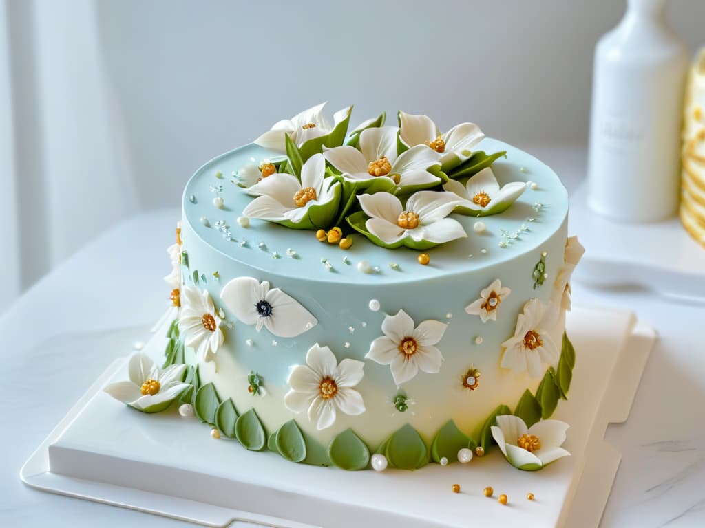  An ultradetailed closeup image of a beautifully crafted cake showcasing a combination of various advanced pastry techniques, including delicate fondant work, intricate piping details, shimmering edible pearls, and perfectly sculpted sugar flowers. The cake is displayed on a sleek, white marble countertop, with soft, natural lighting highlighting every exquisite detail, creating a visually stunning and aspirational scene for pastry enthusiasts. hyperrealistic, full body, detailed clothing, highly detailed, cinematic lighting, stunningly beautiful, intricate, sharp focus, f/1. 8, 85mm, (centered image composition), (professionally color graded), ((bright soft diffused light)), volumetric fog, trending on instagram, trending on tumblr, HDR 4K, 8K