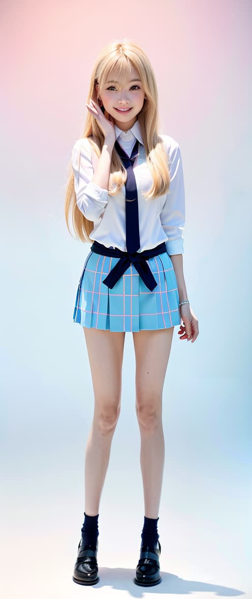  Blond, uniform, long hair, big breasts, big eyes, smiles, pink gradation hair, light blue skirt, grinning, (Masterpiece, BestQuality:1.3), (ultra detailed:1.2), (hyperrealistic:1.3), (RAW photo:1.2),High detail RAW color photo, professional photograph, (Photorealistic:1.4), (realistic:1.4), ,professional lighting, (japanese), beautiful face, (realistic face)