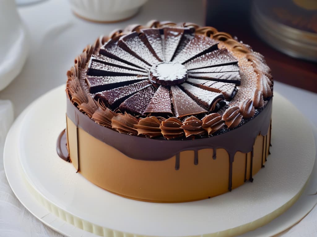  A closeup, ultrahighresolution image of a perfectly layered Dobos Torte, showcasing intricate chocolate decorations on top of each layer. The cake sits on a sleek, modern plate with a subtle reflection, emphasizing the precision and artistry involved in Hungarian pastry making. The lighting is soft and elegant, highlighting the glossy finish of the cake and creating a visually striking yet minimalistic composition. hyperrealistic, full body, detailed clothing, highly detailed, cinematic lighting, stunningly beautiful, intricate, sharp focus, f/1. 8, 85mm, (centered image composition), (professionally color graded), ((bright soft diffused light)), volumetric fog, trending on instagram, trending on tumblr, HDR 4K, 8K