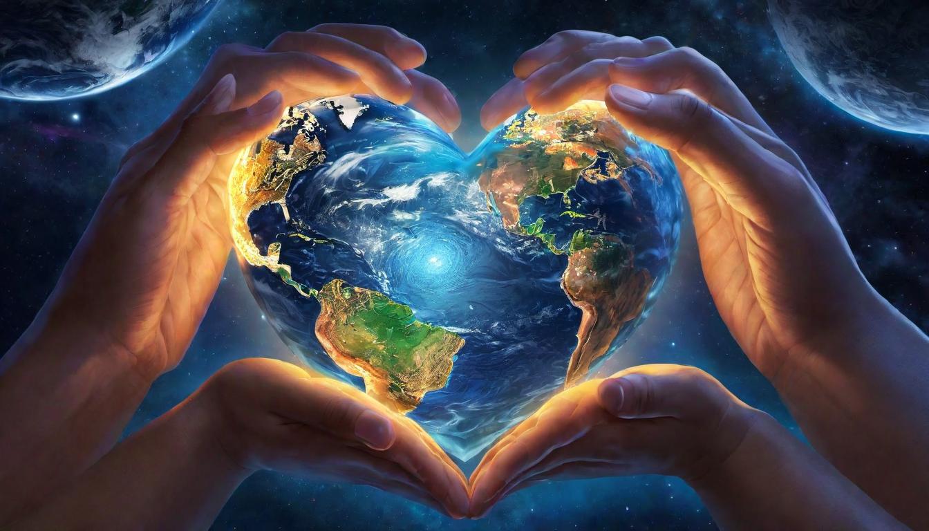  digital illustration, A tapestry of connected hearts across the globe, glowing warmly, symbol of universal support and unity, journey towards awakening, unified earth, looking at viewer, dynamic pose, (intricate details, masterpiece, best quality)