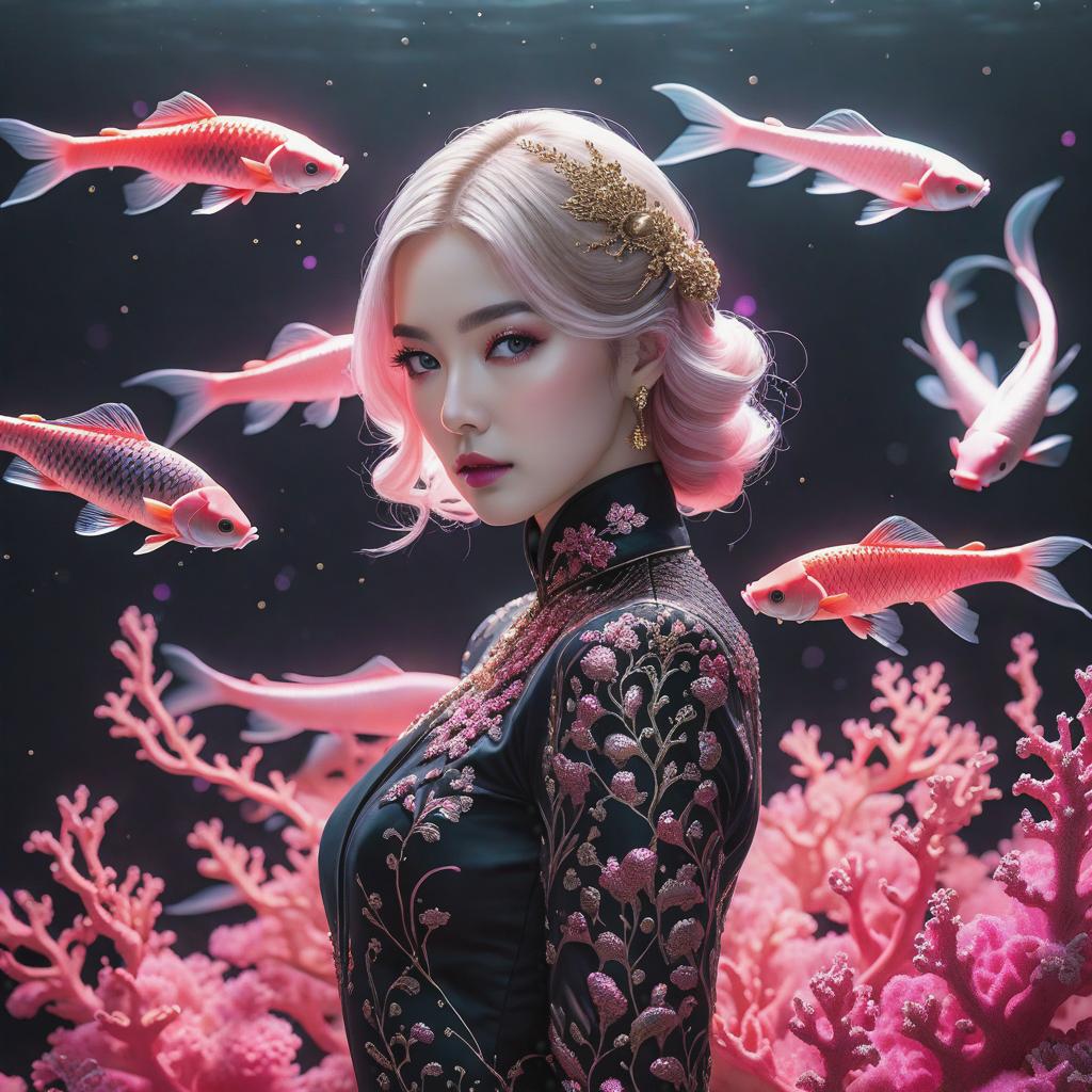  RAW photo, (Black, neon pink, and magenta): Portrait of 2 ghostly long tailed black koi, woman, shiny aura, highly detailed, black pearls, gold and coral filigree, intricate motifs, organic tracery. Inspired by Kiernan Shipka, Januz Miralles, Hikari Shimoda, glowing stardust by W. Zelmer. Perfect composition, smooth, sharp focus, sparkling particles, lively coral reef colored background. Realistic, realism, HD, 35mm photograph, 8K resolution. Masterpiece, award winning photography, natural light, perfect composition, high detail, hyper realistic, full body, detailed clothing, highly detailed, cinematic lighting, stunningly beautiful, intricate, sharp focus, f/1.8, 85mm, centered image composition, professionally color graded, bright soft di hyperrealistic, full body, detailed clothing, highly detailed, cinematic lighting, stunningly beautiful, intricate, sharp focus, f/1. 8, 85mm, (centered image composition), (professionally color graded), ((bright soft diffused light)), volumetric fog, trending on instagram, trending on tumblr, HDR 4K, 8K