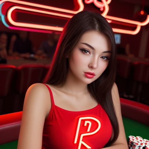  A red neon logo for poker with beautiful girl playing poker