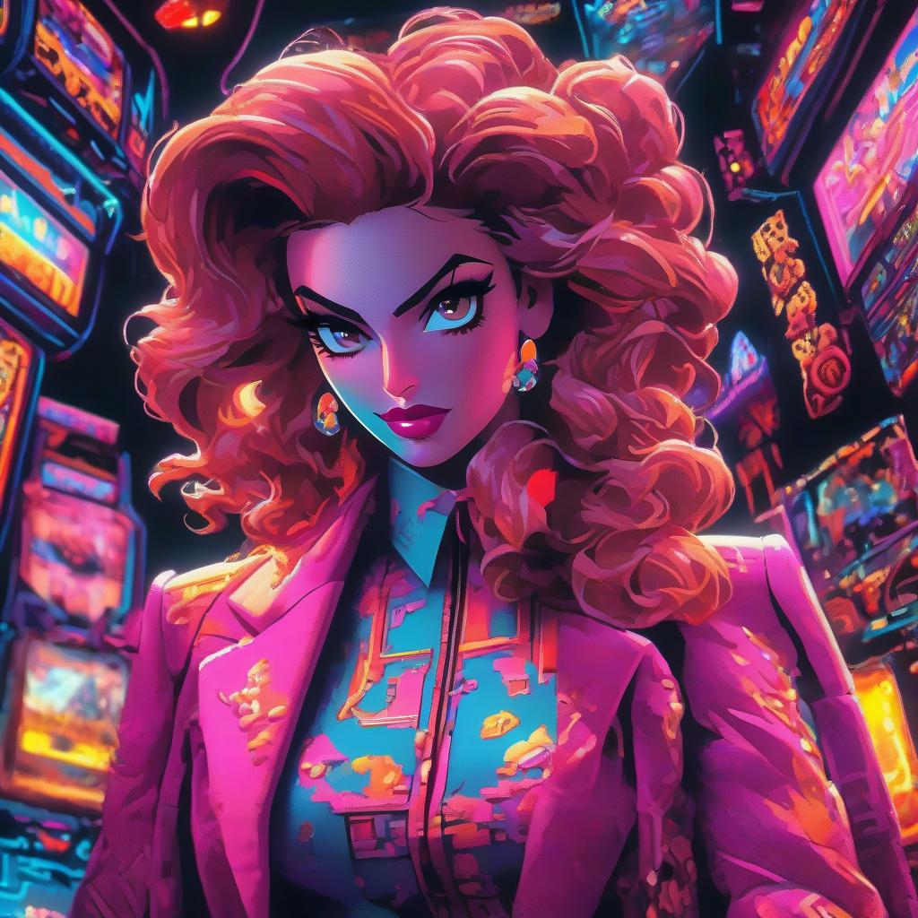  retro arcade style A large of a woman . 8 bit, pixelated, vint, clic video game, old gaming, reminiscent of 80s and 90s arcade games hyperrealistic, full body, detailed clothing, highly detailed, cinematic lighting, stunningly beautiful, intricate, sharp focus, f/1. 8, 85mm, (centered image composition), (professionally color graded), ((bright soft diffused light)), volumetric fog, trending on instagram, trending on tumblr, HDR 4K, 8K