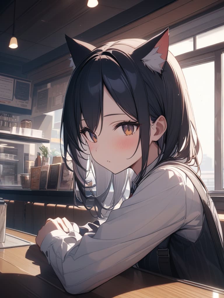  Cat ears, black hair, shortcuts, cafe clerk, masterpiece, best quality,8k,ultra detailed,high resolution,an extremely delicate and beautiful,hyper detail