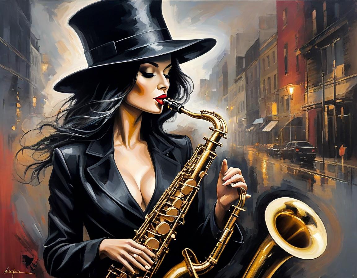  abstract expressionist painting An exquisite depiction of woman in a black hat playing the saxophone, with Louis Jover and Drew Darcy inspired style. The artwork is highly detailed, elegant, and intricate, featuring dynamic lighting and imperial colors. It is a stunning piece with a surreal and ultra realistic touch, created using oil on canvas with a focus on sharp details . energetic brushwork, bold colors, abstract forms, expressive, emotional hyperrealistic, full body, detailed clothing, highly detailed, cinematic lighting, stunningly beautiful, intricate, sharp focus, f/1. 8, 85mm, (centered image composition), (professionally color graded), ((bright soft diffused light)), volumetric fog, trending on instagram, trending on tumblr, HDR 4K, 8K