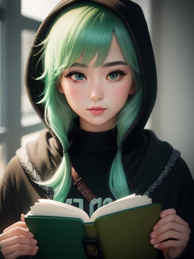 girl with green hair holding a book wearing a hoodie, hyperrealistic, high quality, highly detailed, perfect lighting, intricate, sharp focus, f/1. 8, 85mm, (centered image composition), (professionally color graded), ((bright soft diffused light)), trending on instagram, HDR 4K, 8K