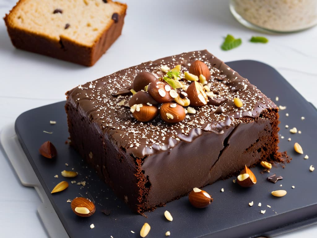  A highresolution closeup image of a decadent chocolate protein brownie, topped with a sprinkle of crushed nuts and a drizzle of rich dark chocolate, set on a sleek, modern plate against a clean, white background. The brownie should appear moist and indulgent, with visible proteinrich ingredients like oats or nuts, exuding an irresistible aroma that evokes both healthiness and indulgence. hyperrealistic, full body, detailed clothing, highly detailed, cinematic lighting, stunningly beautiful, intricate, sharp focus, f/1. 8, 85mm, (centered image composition), (professionally color graded), ((bright soft diffused light)), volumetric fog, trending on instagram, trending on tumblr, HDR 4K, 8K