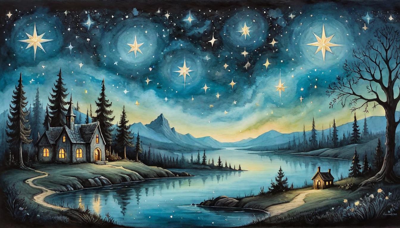  on parchment, surrealism+++, Three glimmering stars in a dark sky, each star a different hue, casting a gentle light over a serene landscape, ethereal, guiding(mysterious, provocative, symbolic,muted color)+++