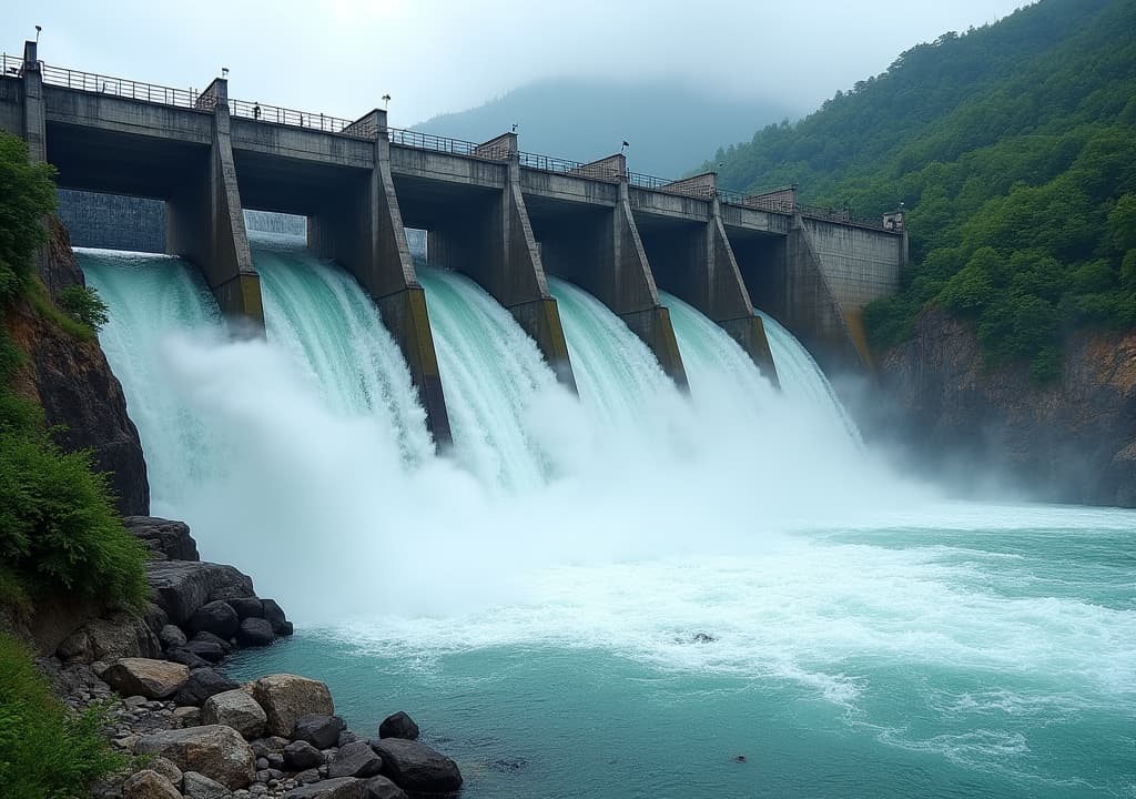  good quality, high quality, hydroelectric dam with rushing water and electric turbines turning with the force of the flowing river water , generating clean energy for ecology and zero carbon targets