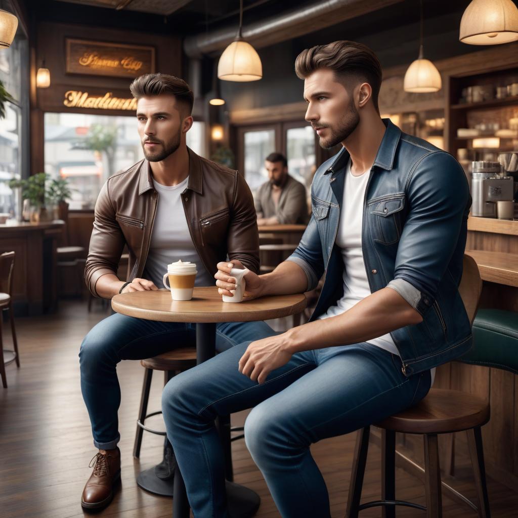  Two young, brown haired, skinny men in casual clothing are sitting in a cafe. hyperrealistic, full body, detailed clothing, highly detailed, cinematic lighting, stunningly beautiful, intricate, sharp focus, f/1. 8, 85mm, (centered image composition), (professionally color graded), ((bright soft diffused light)), volumetric fog, trending on instagram, trending on tumblr, HDR 4K, 8K