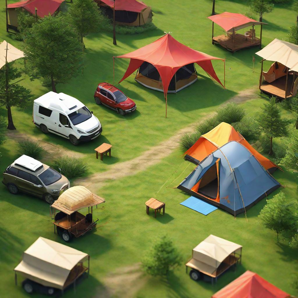  masterpiece, best quality,Help me create a renderings of a campsite design with a rural landscape