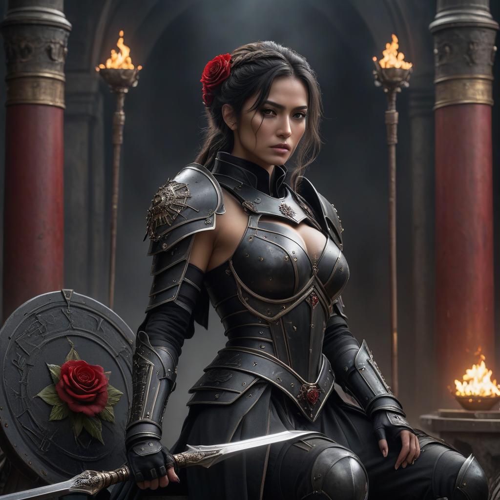  dystopian style A Young Woman, seated on a throne of iron, dressed in imperial robes, has a black sun embroidered on her shoulder pad, and a crimson cross in a half circle on her right hand. In her left hand, she holds a scepter, and in her right hand, a black rose. Next to her on each side stand a guardsman, fully clad in black armor, with a spear in her right hand and a shield in her left. . bleak, post apocalyptic, somber, dramatic, highly detailed hyperrealistic, full body, detailed clothing, highly detailed, cinematic lighting, stunningly beautiful, intricate, sharp focus, f/1. 8, 85mm, (centered image composition), (professionally color graded), ((bright soft diffused light)), volumetric fog, trending on instagram, trending on tumblr, HDR 4K, 8K