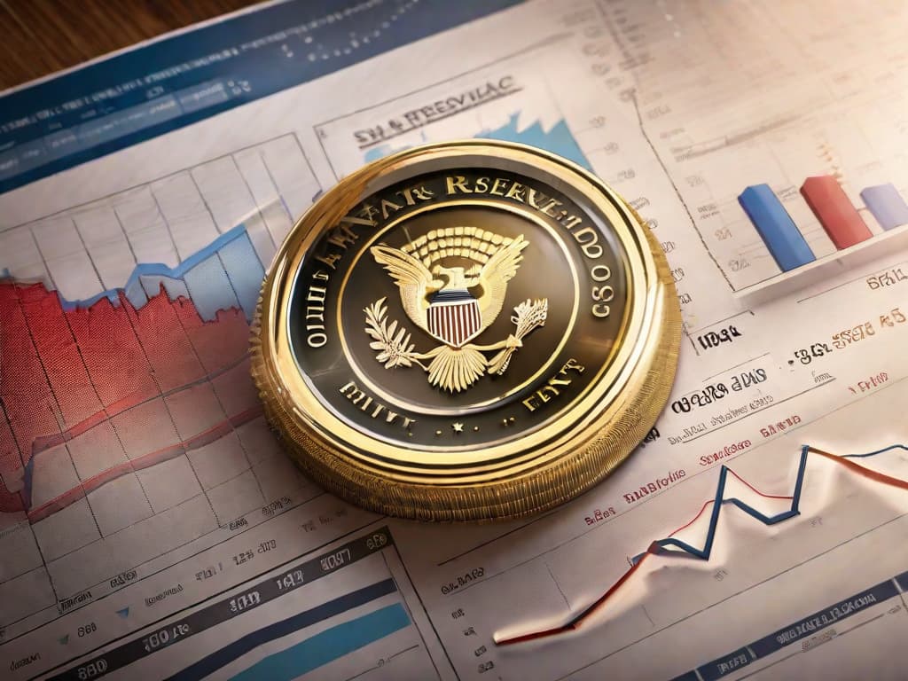  A complex financial dashboard displaying various graphs and charts with stock market trends, economic indicators, and a Federal Reserve emblem. digital art, ilustration, no flares, clean hyperrealistic, full body, detailed clothing, highly detailed, cinematic lighting, stunningly beautiful, intricate, sharp focus, f/1. 8, 85mm, (centered image composition), (professionally color graded), ((bright soft diffused light)), volumetric fog, trending on instagram, trending on tumblr, HDR 4K, 8K