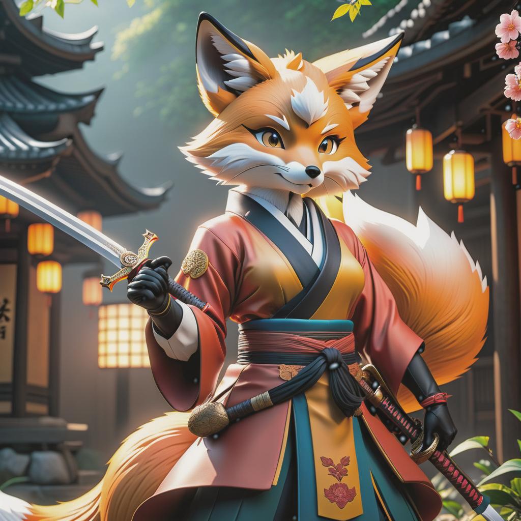  anime artwork Cartoonish Japanese fox with a sword and a peach in their hands. . anime style, key visual, vibrant, studio anime, highly detailed hyperrealistic, full body, detailed clothing, highly detailed, cinematic lighting, stunningly beautiful, intricate, sharp focus, f/1. 8, 85mm, (centered image composition), (professionally color graded), ((bright soft diffused light)), volumetric fog, trending on instagram, trending on tumblr, HDR 4K, 8K